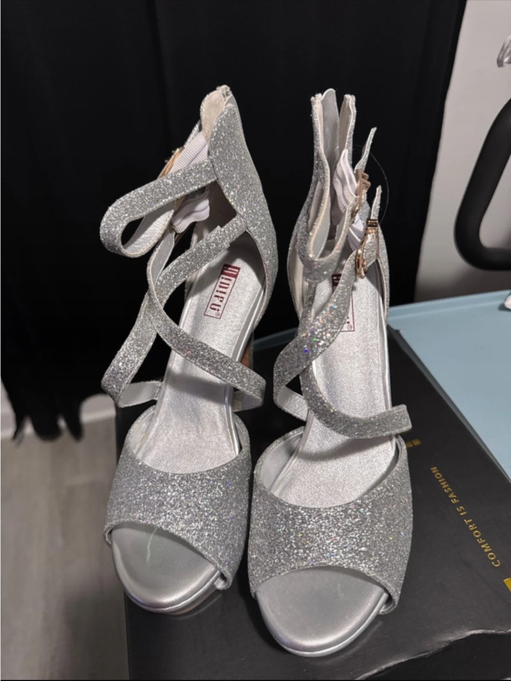 IDIFU Silver Glitter Strappy Heels